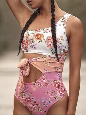 PQ Swim x Anthropologie 1-Shoulder Cutout Tie-Side Sm Pink Floral 1Pc Maillot